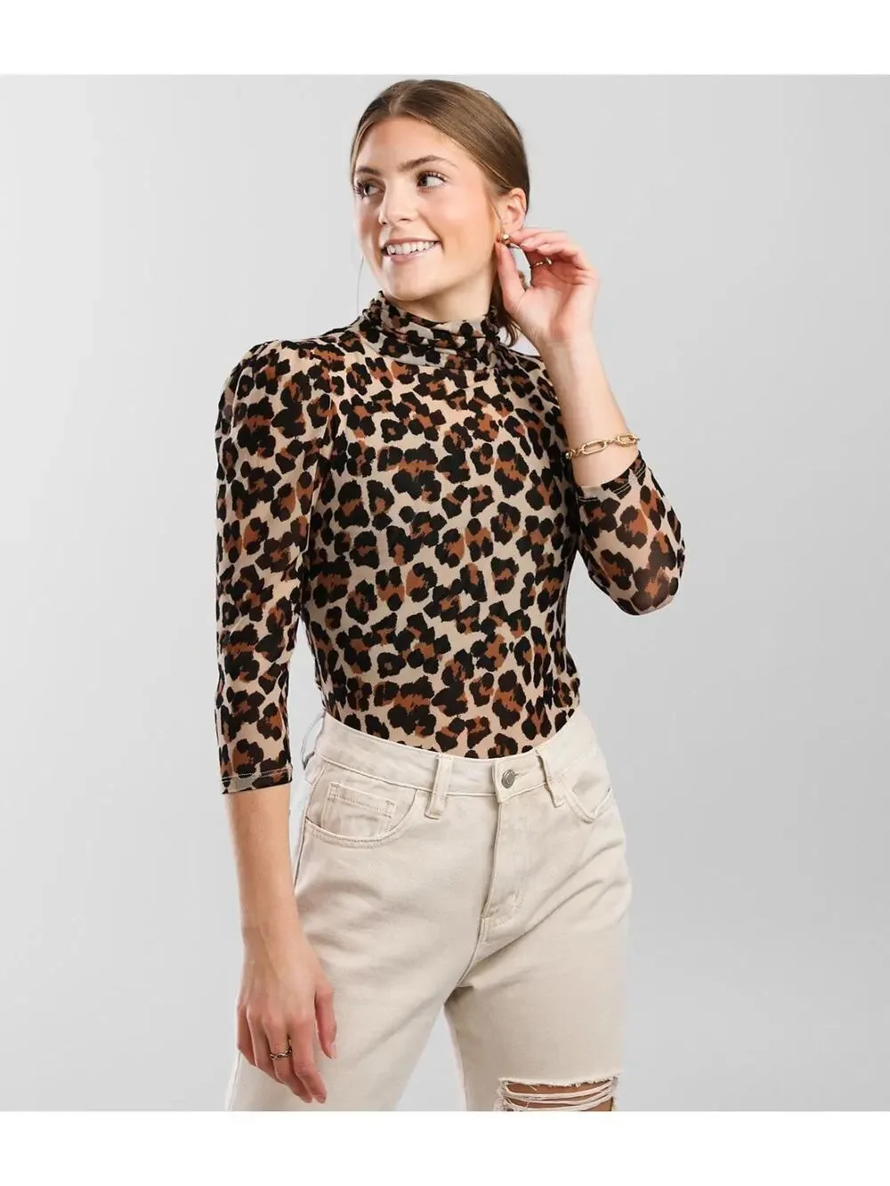 Free People Women's Gather Leopard Turtleneck Mesh Top Sz XS Animal Print